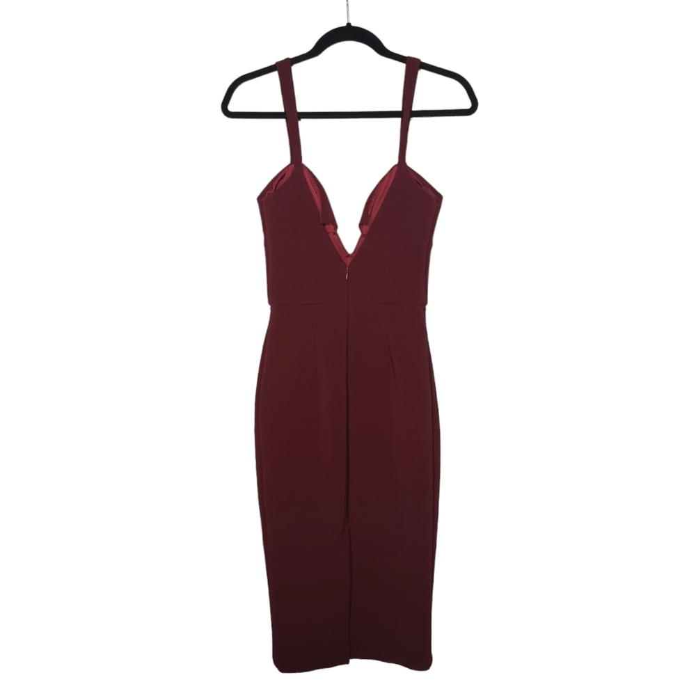 AGAIN Burgundy Wine Red Diamond Neckline Sheath Midi Party Cocktail Dress Small - Picture 5 of 8